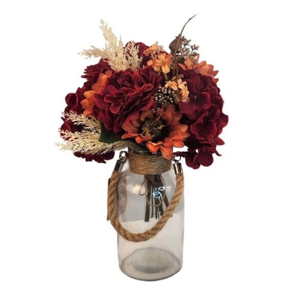 Artificial Fall Floral Bouquet Burgundy Hydrangeas & Orange Sunflowers | Rustic - Picture 2 of 15